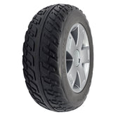 The replacement 10.75 x 3.6 in. Rear Drive Wheel For Pride Victory 10.2 and Victory LX Sport Mobility Scooter features a black Pr1mo tire, dark silver spoke rim and comes assembled for easy installation.