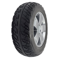 The replacement 10.75 x 3.6 in. Rear Drive Wheel For Pride Victory 10.2 and Victory LX Sport Mobility Scooter features a black Pr1mo tire, dark silver spoke rim and comes assembled for easy installation.
