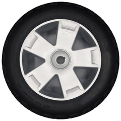 5 spoke silver rim with solid 10.75 x 3.6 non marking black tire. Fits rear drive wheel Assembly for Pride Victory 10, ES 10, Sport Scooter, and Rascal 10
