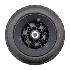 Back view of the 10x3 drive wheel assembly for Pride Jazzy Air 2 and Jazzy Air MED power wheelchairs. Pr1mo P-126 non-marking tire, spoke rim, fully assembled.
