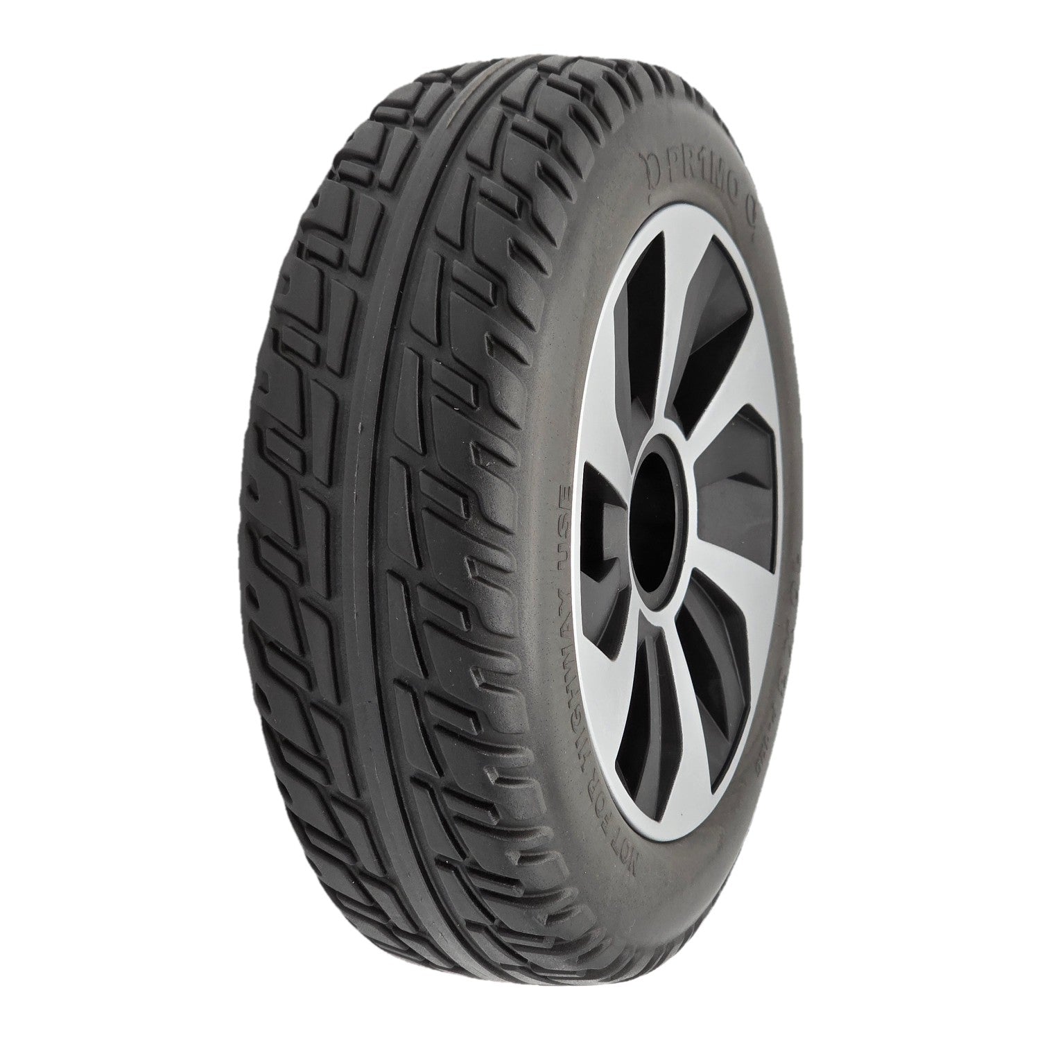 10x3 drive wheel assembly for Pride Jazzy Air 2 and Jazzy Air MED power wheelchairs. Pr1mo P-126 non-marking tire, spoke rim, fully assembled.