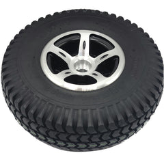 Close up view of the 10 x 3 in Drive Wheel for the Merits Vision Sport showing silver rim with black accents