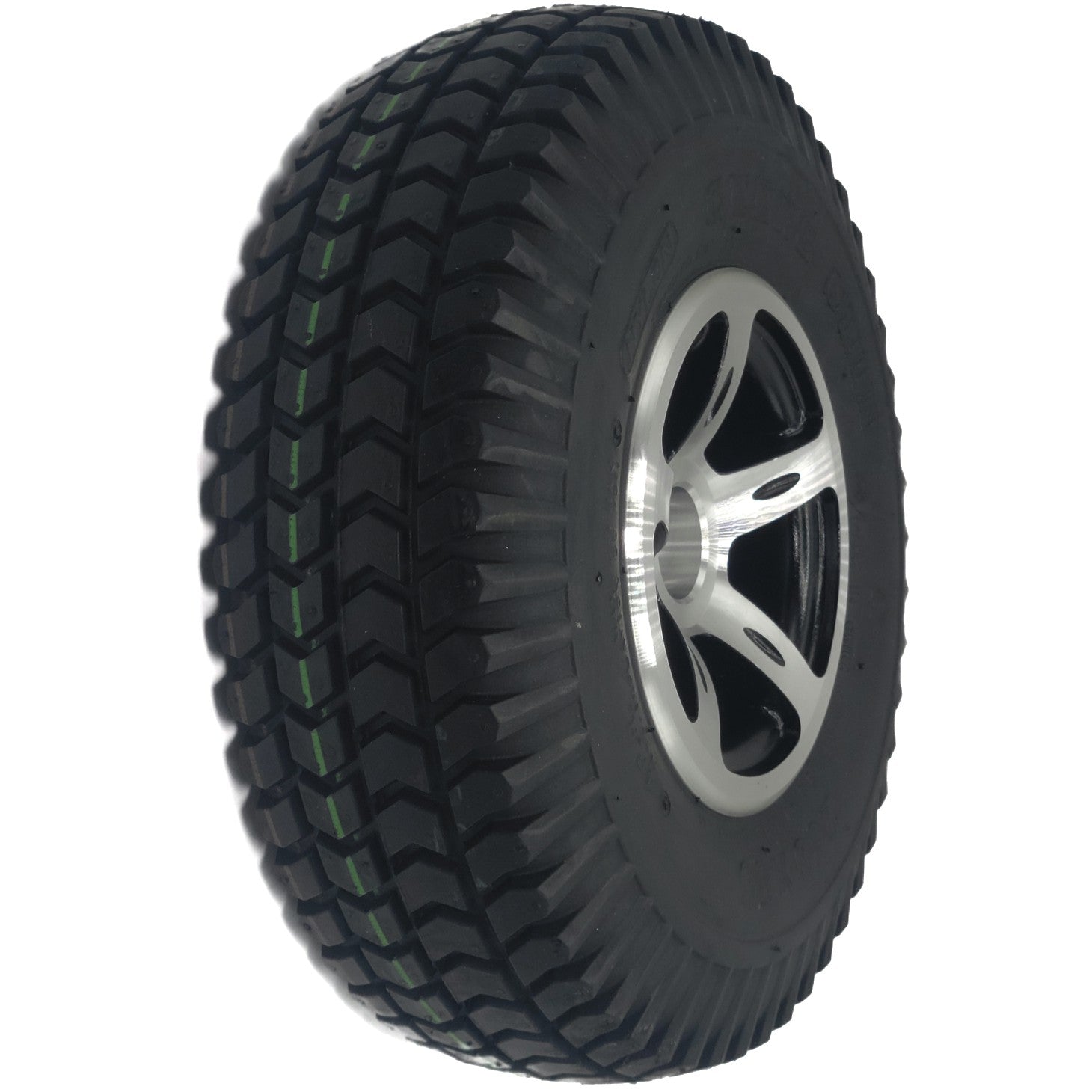 Angled view of 10 x 3 in (3.00-4, 260x85) Black Foam-Filled Drive Wheel for the Merits Vision Sport