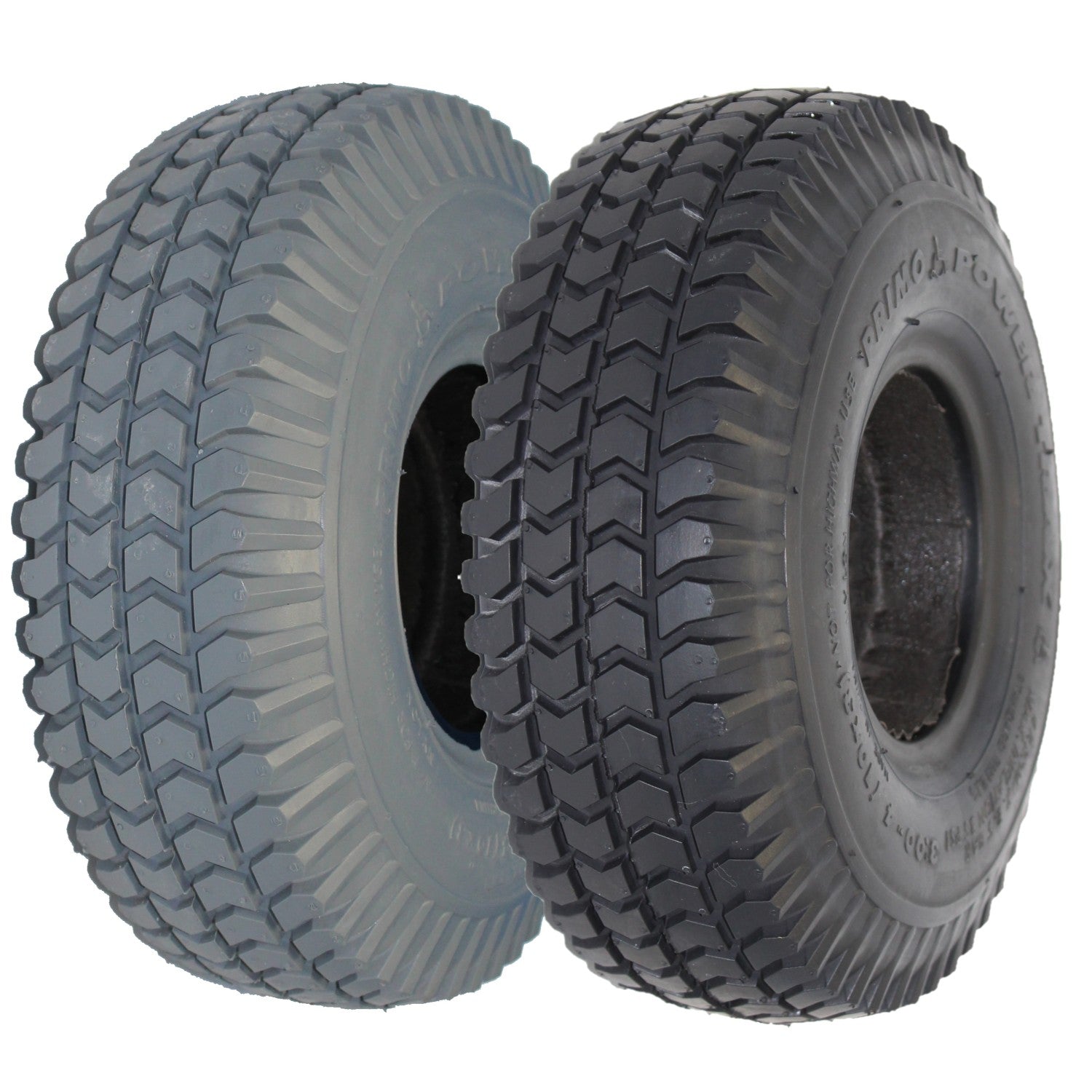 10 x 3 in. (3.00-4) or (260 x 85) Primo Powertrax foam filled flat free wheelchair and scooter tire showing colors in gray and black