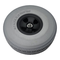 Angled view of the 10x3.4 P.U. Flat Free Tire for Hoveround Teknique XHD Power Wheelchair. Drive wheel Part number DWH1334