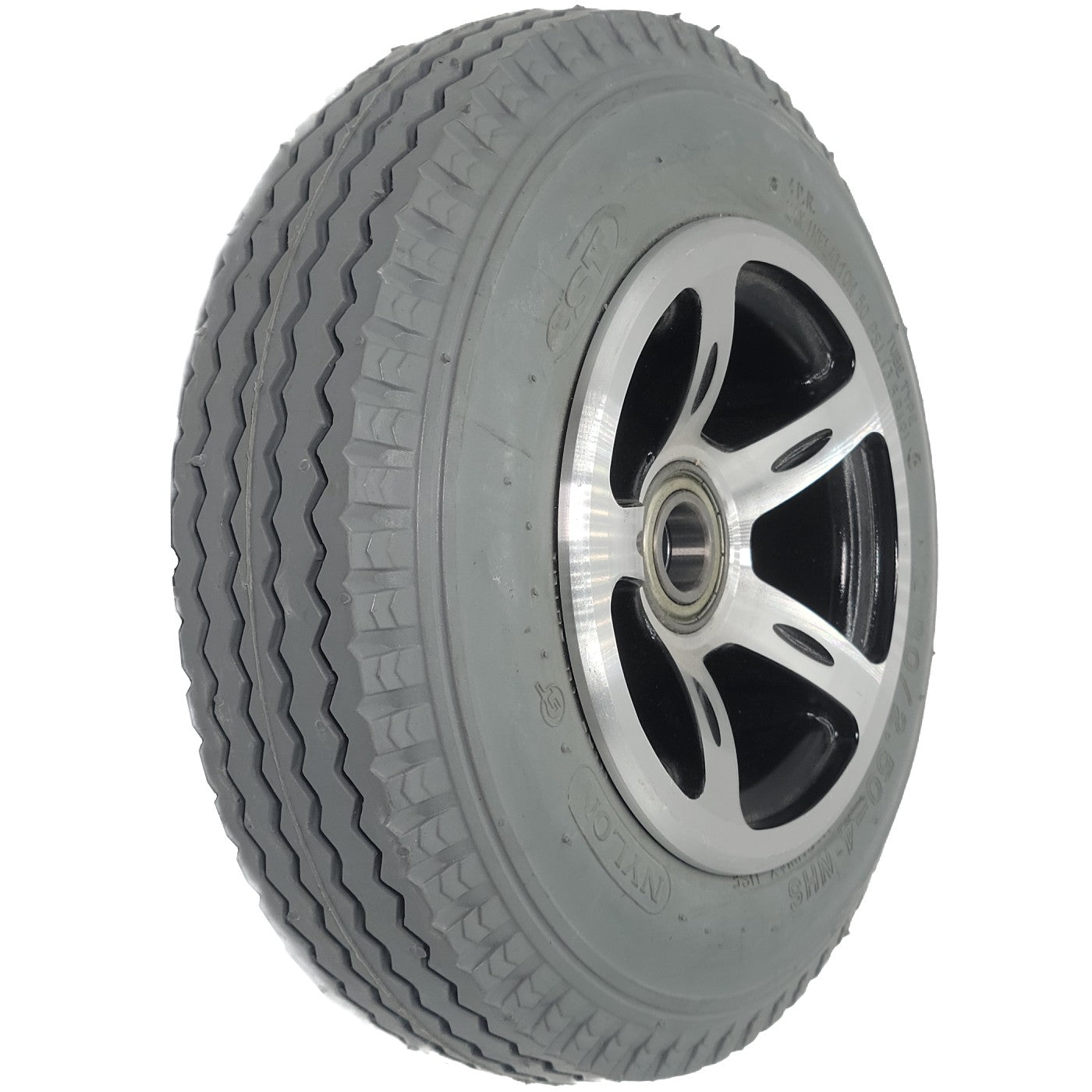 Angled view of the 2.80/2.50-4 Merits Foam Filled Caster Wheel for Atlantis and Travel-Ease Commuter Wheelchair showing sawtooth gray tread