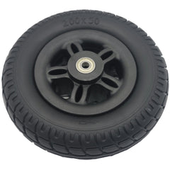 Angled view of the 200x50 Front Solid Tire Assembly for Merits Roadster 3 Scooter showing 43690423 black tire and rim