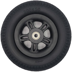 Close up view of the 200x50 Front Solid Tire Assembly for Merits Roadster 3 Scooter showing 608Z wheelchair bearing