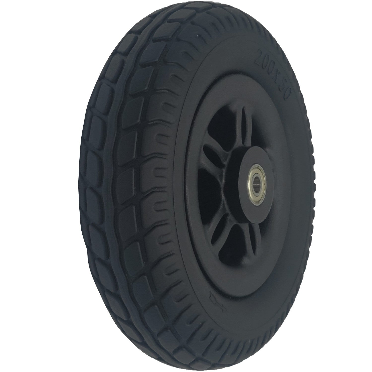 Angled view of the 200x50 Front Solid Tire Assembly for Merits Roadster 3 Scooter