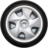 Front view of 228 x 70 Invacare Pronto P31 Drive Wheel Assembly 1186182 showing silver rim with black tire