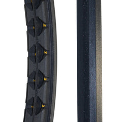 Close up of the 24x1 Urethane Pyramid wheelchair tire featuring corded easier installation design showing inner cords