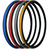 Angled view 24 x 1 in. (25-540) Primo V-Trak Wheelchair Tire showing blue, red, gray and yellow colors
