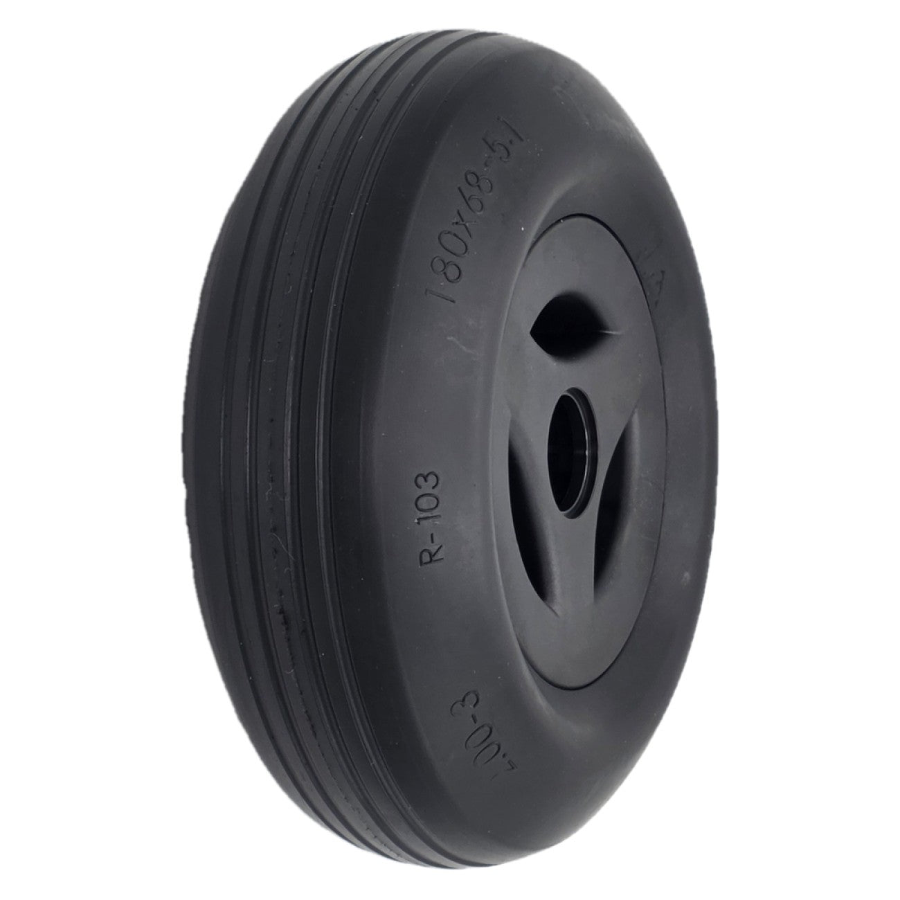 The replacement 2.50-3 (180 x 68) Caster Wheel for Permobil M1 and Permobil M3 Wheelchairs features a black solid rib tire and stylish black rim.