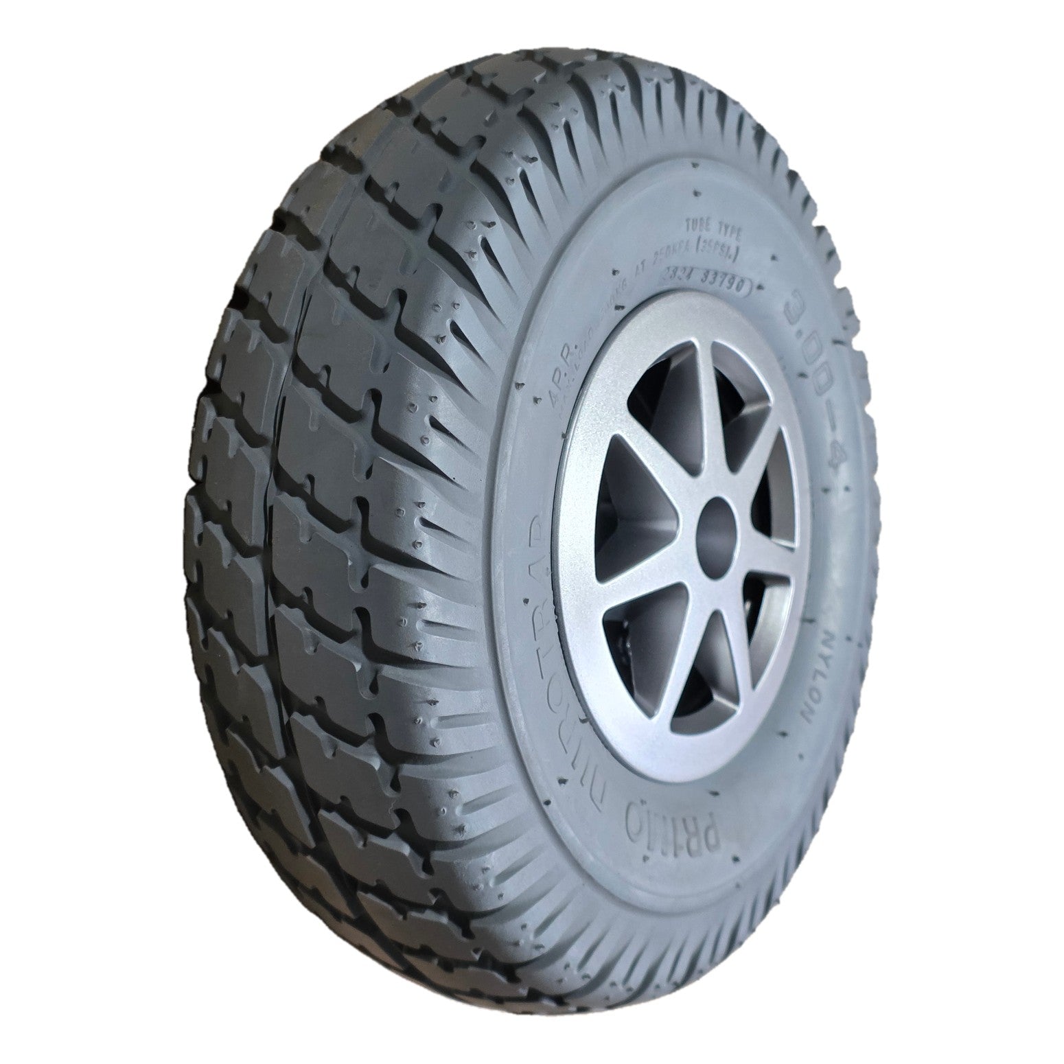 The 3.00-4 Primo Durotrap Drive Wheel For The Jazzy Select 6 features an assembled gray tire and 7 spoke rim for easy install. OEM Pride Mobility part WHLASMB1728