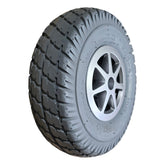 The 3.00-4 Primo Durotrap Drive Wheel For The Jazzy Select 6 features an assembled gray tire and 7 spoke rim for easy install. OEM Pride Mobility part WHLASMB1728