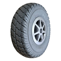 The 3.00-4 Primo Durotrap Drive Wheel For The Jazzy Select 6 features an assembled gray tire and 7 spoke rim for easy install. OEM Pride Mobility part WHLASMB1728