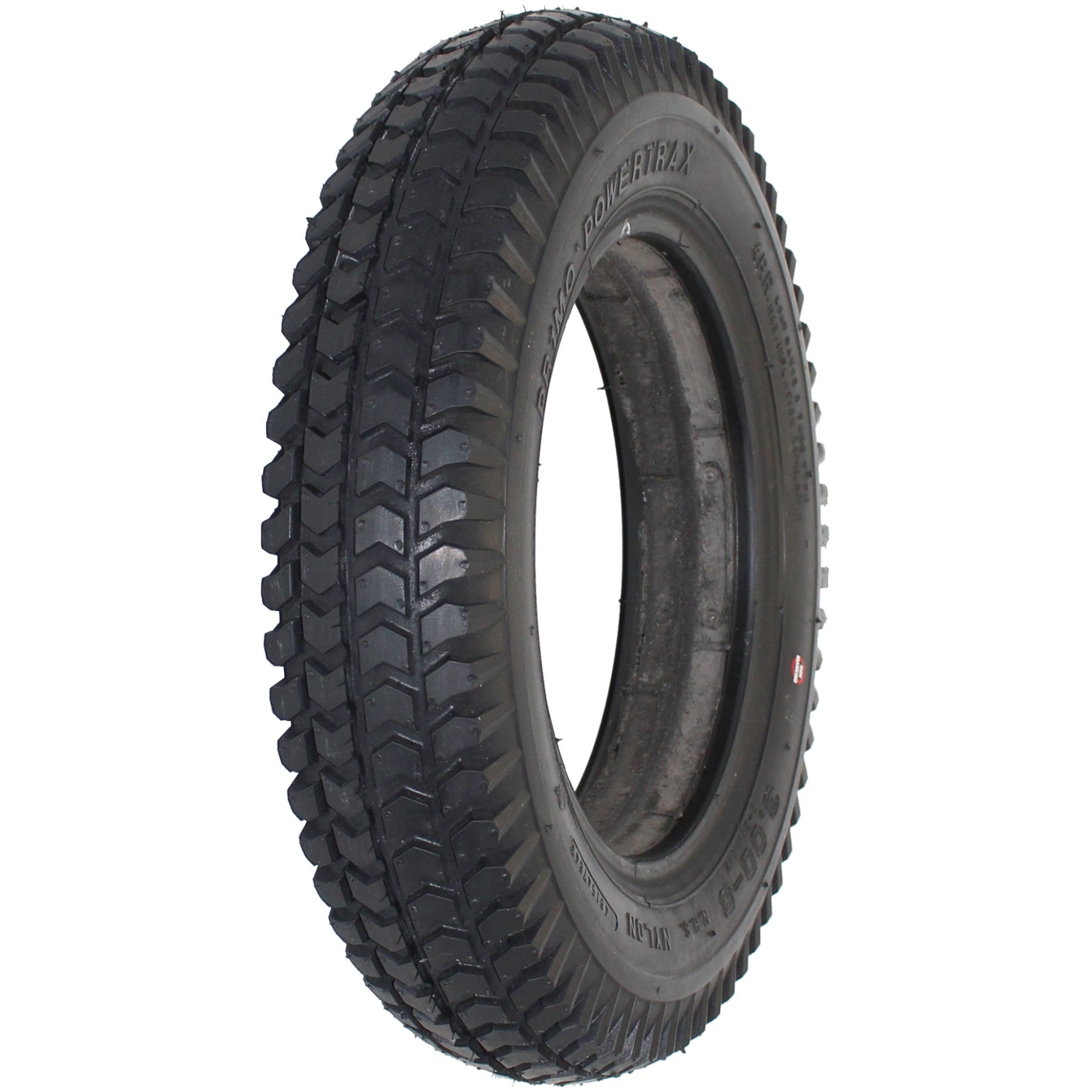 The 3.00-8 (14 x 3 in.) Black Foam Filled Wheelchair Tire for ROVI Wheelchairs fits A3 and X3 models and features a non-marking black compound with a knobby design tread.