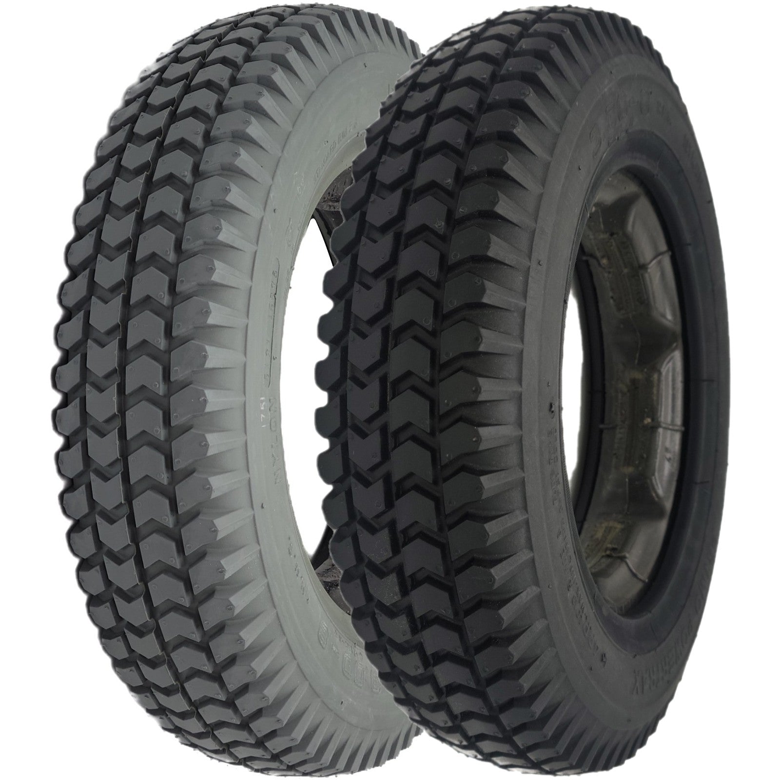 The 3.00-8 (14 x 3 in.) Primo Powertrax Tire for Quantum and Q6 Edge Wheelchair features a foam filled black knobby tire. Fits the Pride Quantum Edge, Q6 Edge, Jazzy, Stretto, 4Front, Quantum Rival and many other power chairs.