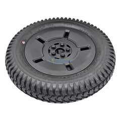 Angled view of Black 3.00-8 Pr1mo Powertrax Drive Wheel assembly for Invacare AVIVA Power Wheelchair STORM RX and FX models