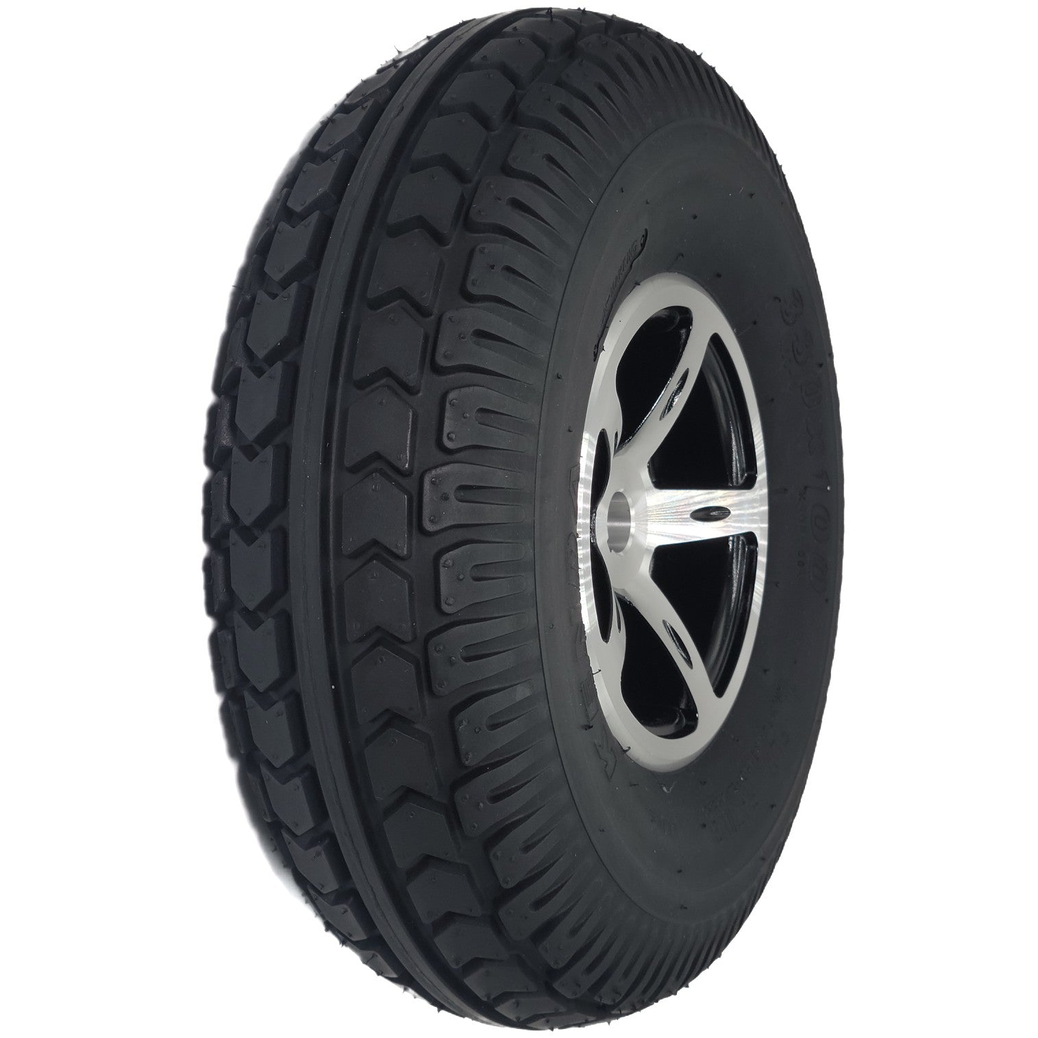 Angled view of 4.00-5 (330x100) Drive Wheel for the Merits Vision Super Wheelchair with Black tire