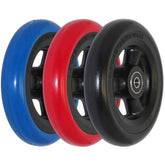 Close up view of the 5x1 Shox Hollow Spoke Wheelchair Caster Wheel showing blue, red, and black colors