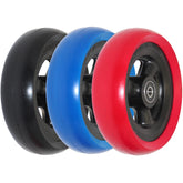 Angled view of 5 x 1.5 in. Hollow Spoke Wheelchair Caster Wheel shown in red, blue and black