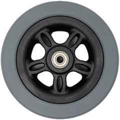 Top view showing the 6 x 2 in. Caster Wheel Assembly for Merits Power Chairs with 2.4 in. Hub showing light gray tire and black spoke rim.