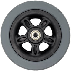 Top view showing the 6 x 2 in. Caster Wheel Assembly for Merits Power Chairs with 2.4 in. Hub showing light gray tire and black spoke rim.