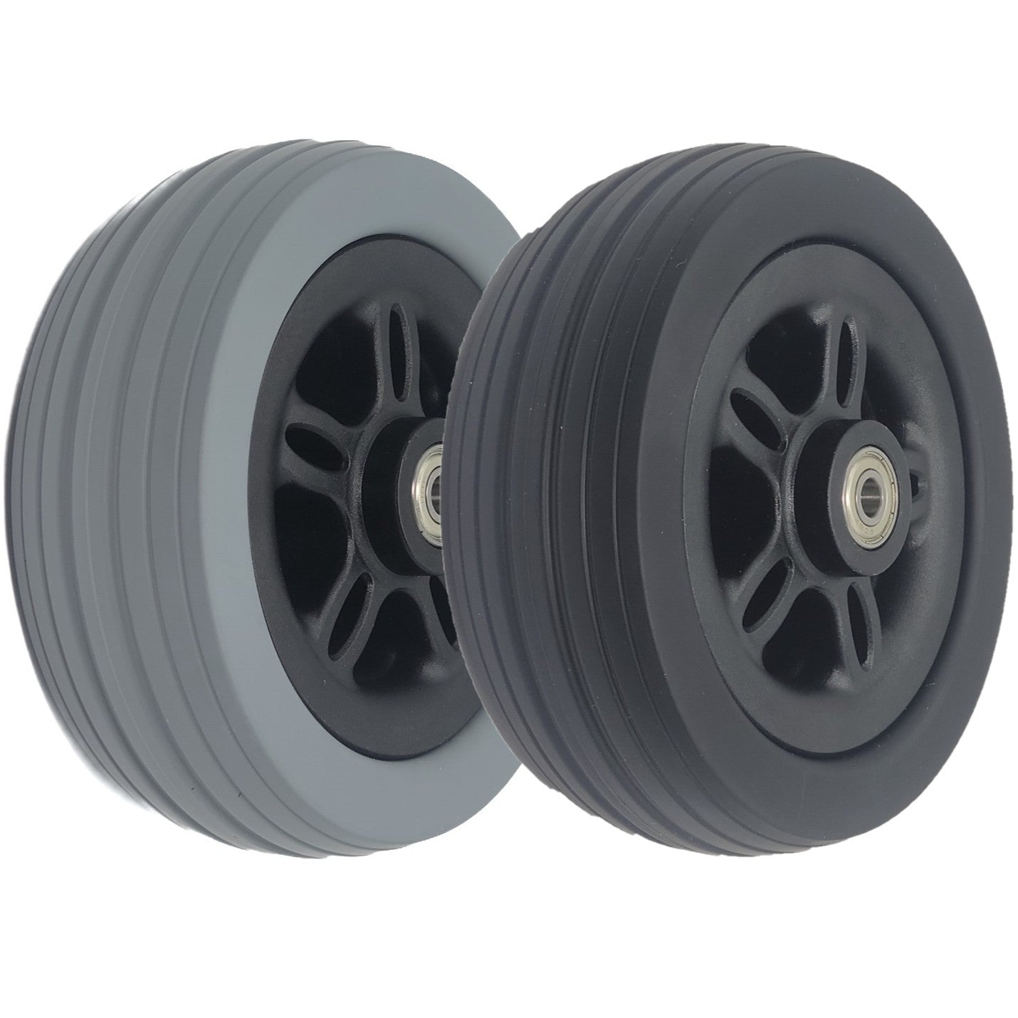 Angled view showing the 6 x 2 in. Caster Wheel Assembly for Merits Power Chairs with 2.4 in. Hub in light gray and black.