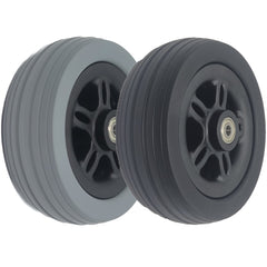 Angled view showing the 6 x 2 in. Caster Wheel Assembly for Merits Power Chairs with 2.4 in. Hub in light gray and black.