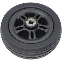 Angled view of the 6 x 2 in. Merits Caster Wheel Assembly for Velocity and Vision Ultra Wheelchairs showing black tire on stylish black rim.