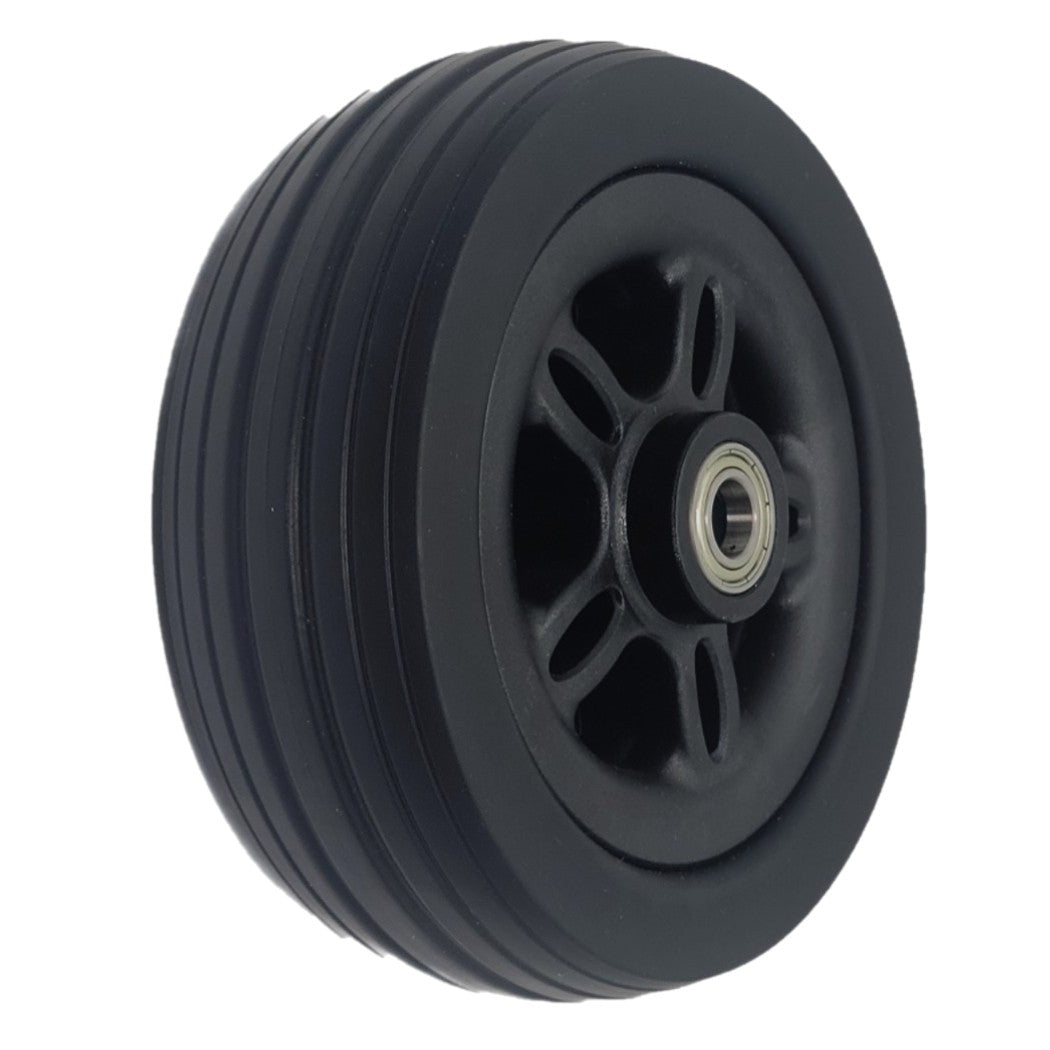 Angled view of the 6 x 2 in. Merits Caster Wheel Assembly for Velocity and Vision Ultra Wheelchairs showing black rim and tire.