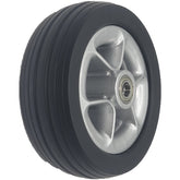 Angled view of the 6 x 2 in. Merits Caster Wheel Assembly for Velocity power Wheelchair showing silver rim