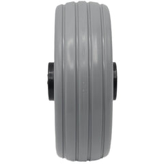 Close up view Angled view of the 6 x 2 in. Quantum 6000Z, Quantum 6400Z, Q6 Edge Replacement Wheelchair Caster Wheel showing protruded hub and gray urethane tread