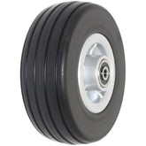 Angled view of 6 x 2 in. Jazzy 600 ES Replacement Wheelchair Caster Wheel showing black tire on silver rim