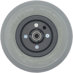 Front view of 8 x 2 in. (200x50) Foam Filled Ribbed Primo Spirit Caster Wheel Assembly showing Standard rim 27 5x93 N.H.S markings