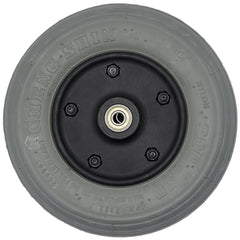 Back view of the 8 x 2 in. (200x50) Merits Foam Filled Caster Wheel Assembly with C-179 Tread showing gray Cheng Shin tire with standard rim 27.5x93