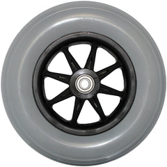 Side view of the 8 x 2 in. (200x50) Anti-Tip Caster Wheel Assembly for Jazzy and Quantum Wheelchair showing fully assembled with bearing