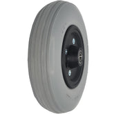 Angled view of 8 x 2 in. (200x50) Solid Urethane Ribbed Caster Wheel Assembly showing rib tread