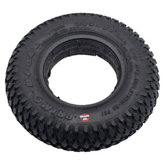 Angled view of the replacement 8 x 2 in. (200x50) Rebel Foam Filled Wheelchair / Scooter Tire with C-968G-1 non marking black tread showing Nylon and standard rim 27.5x93 markings