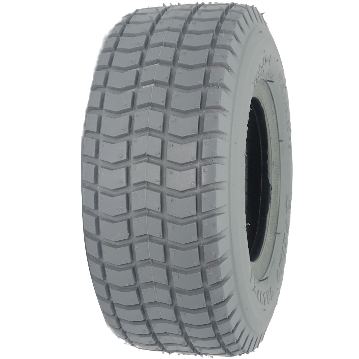 Angled view of the 9x3.50-4 Foam Filled Wheelchair Tire with C-203G Primo Grande Knobby Tread shown