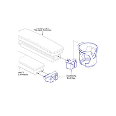 Fitment diagram of the Cup Holder for Quantum Power Chairs with Tru-Balance 3 (TB3) Seating allows you to easily carry a beverage on many Quantum electric wheelchairs. Pride part number ACC2105089 and ACC125003