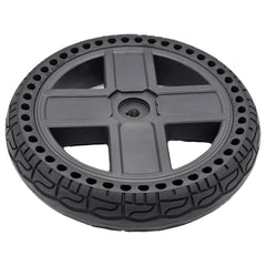 Angled view of the replacement Drive Wheel Assembly for Pride Jazzy EVO 614 and EVO 614HD Power Wheelchair (14 in). 14x3.0 black Flat-free tire with 4-spoke rim. DGN2005547