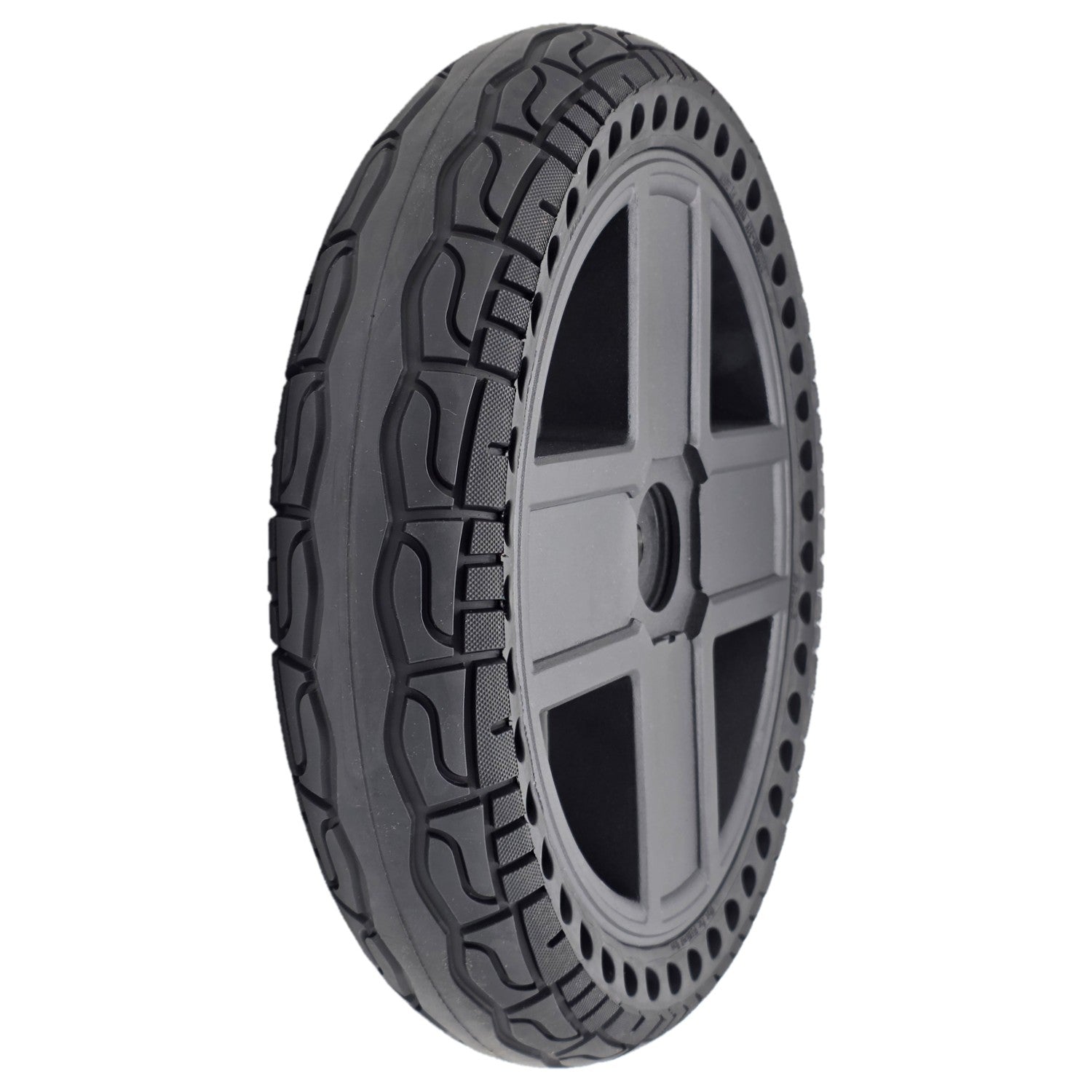 Angled view of the replacement Drive Wheel Assembly for Pride Jazzy EVO 614 and EVO 614HD Power Wheelchair (14 in). 14x3.0 black Flat-free tire with 4-spoke rim. DGN2005547