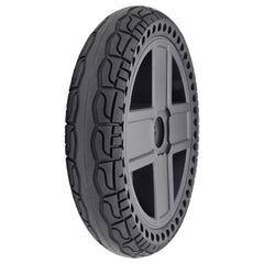 Angled view of the replacement Drive Wheel Assembly for Pride Jazzy EVO 614 and EVO 614HD Power Wheelchair (14 in). 14x3.0 black Flat-free tire with 4-spoke rim. DGN2005547