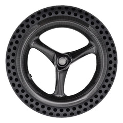 Top view of the replacement 10.71-inch drive wheel assembly for Pride Jazzy Ultra Light power chair. Flat-free perforated tire with carbon fiber 3-spoke rim. Pride WHL2400187.