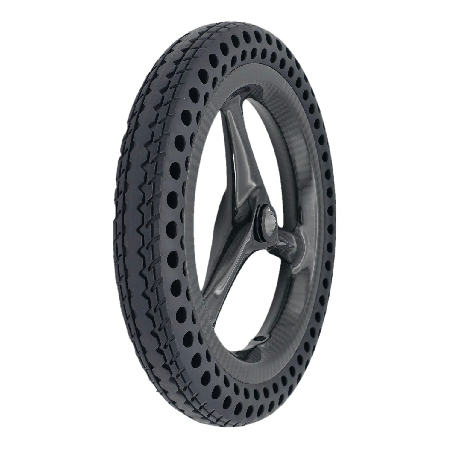 Angled view of the replacement 10.71-inch drive wheel assembly for Pride Jazzy Ultra Light power chair. Flat-free perforated tire with carbon fiber 3-spoke rim. Pride WHL2400187.