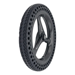 Angled view of the replacement 10.71-inch drive wheel assembly for Pride Jazzy Ultra Light power chair. Flat-free perforated tire with carbon fiber 3-spoke rim. Pride WHL2400187.