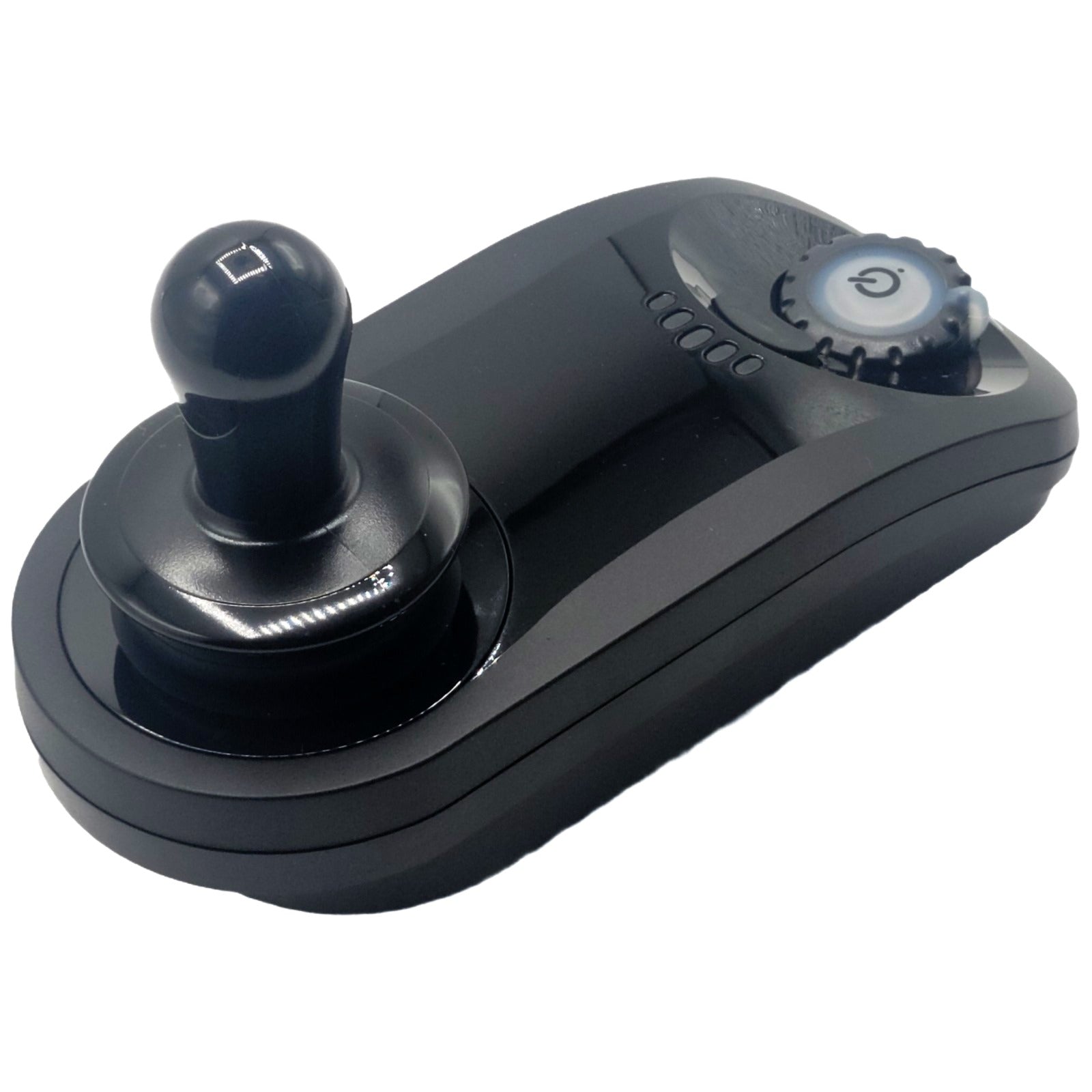 Close up view of the Dynamic LiNX Joystick For Merits and Golden Power Wheelchairs (DLX-REM050-A) showing horn and power button