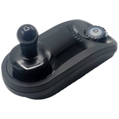 Close up view of the Dynamic LiNX Joystick For Merits and Golden Power Wheelchairs (DLX-REM050-A) showing horn and power button